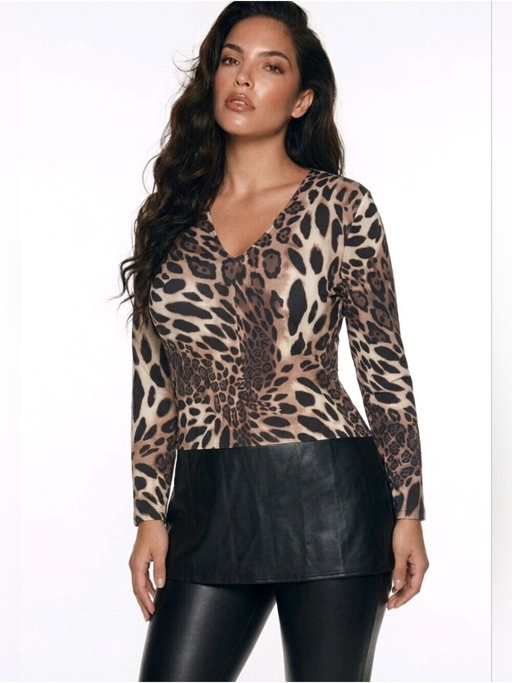 Natori Leopard Print V-Neck Tunic with Black Faux Leather Hem